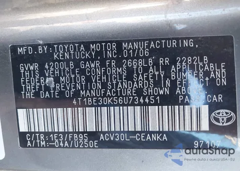 2006 Toyota Camry Le z USA, uszkodzony, nr VIN 4T1BE30K56U734451